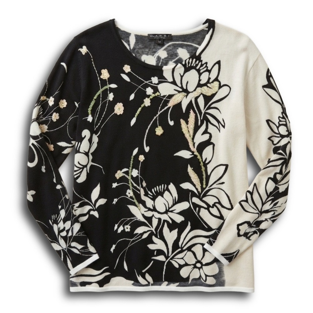 Pierri New York Women 1X Black White Floral Sequin Colorblock Sweater Knit Top